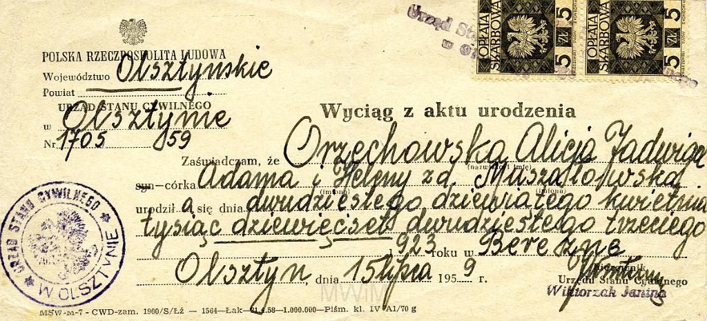 KKE 132.jpg - Wyciąg z aktu urodzenia Alicji Jadwigi Orzechowskiej, Olsztyn, 15.VII.1959 r.